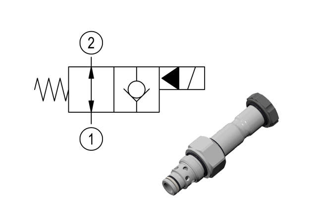 Cartridge valve 2/2 NO poppet, 350bar, Free 1->2, unidirectional flow