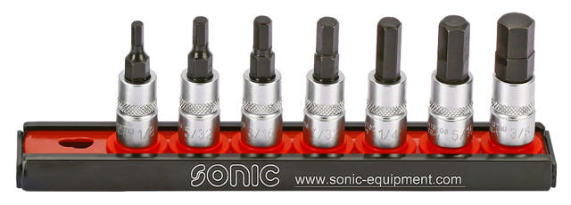 Bit socket set 1/4'', Hex (SAE) on rail 7-pcs