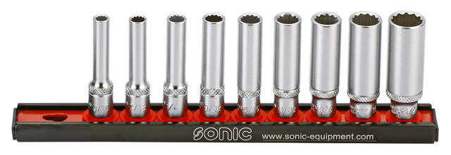 Deep socket set 1/4'', (SAE) on rail 9-pcs