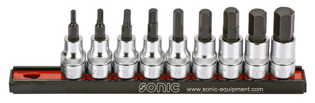 Bit socket hex set 3/8'', (SAE) on rail 9-pcs