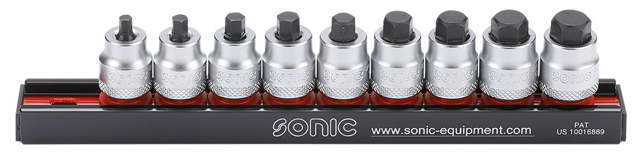 9pc 3/8'' Hex low socket bit set on rail