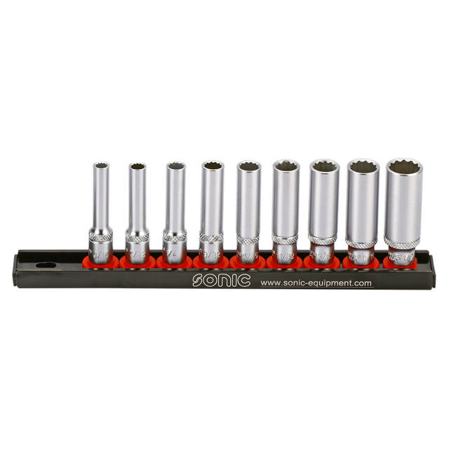 Deep socket set 1/4'', (SAE) on rail 9-pcs