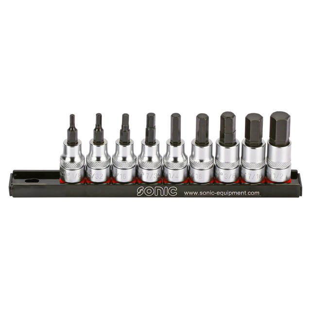 Bit socket hex set 3/8'', (SAE) on rail 9-pcs