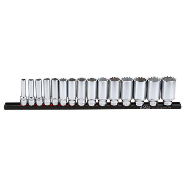 Deep socket set (SAE) on rail 1/2'', 15-pcs